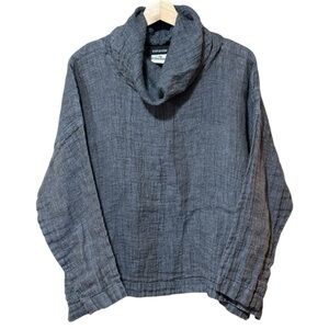 EUC - Eskandar Size 1 Blue Lagenlook Crinkled Monk Neck Linen Blouse